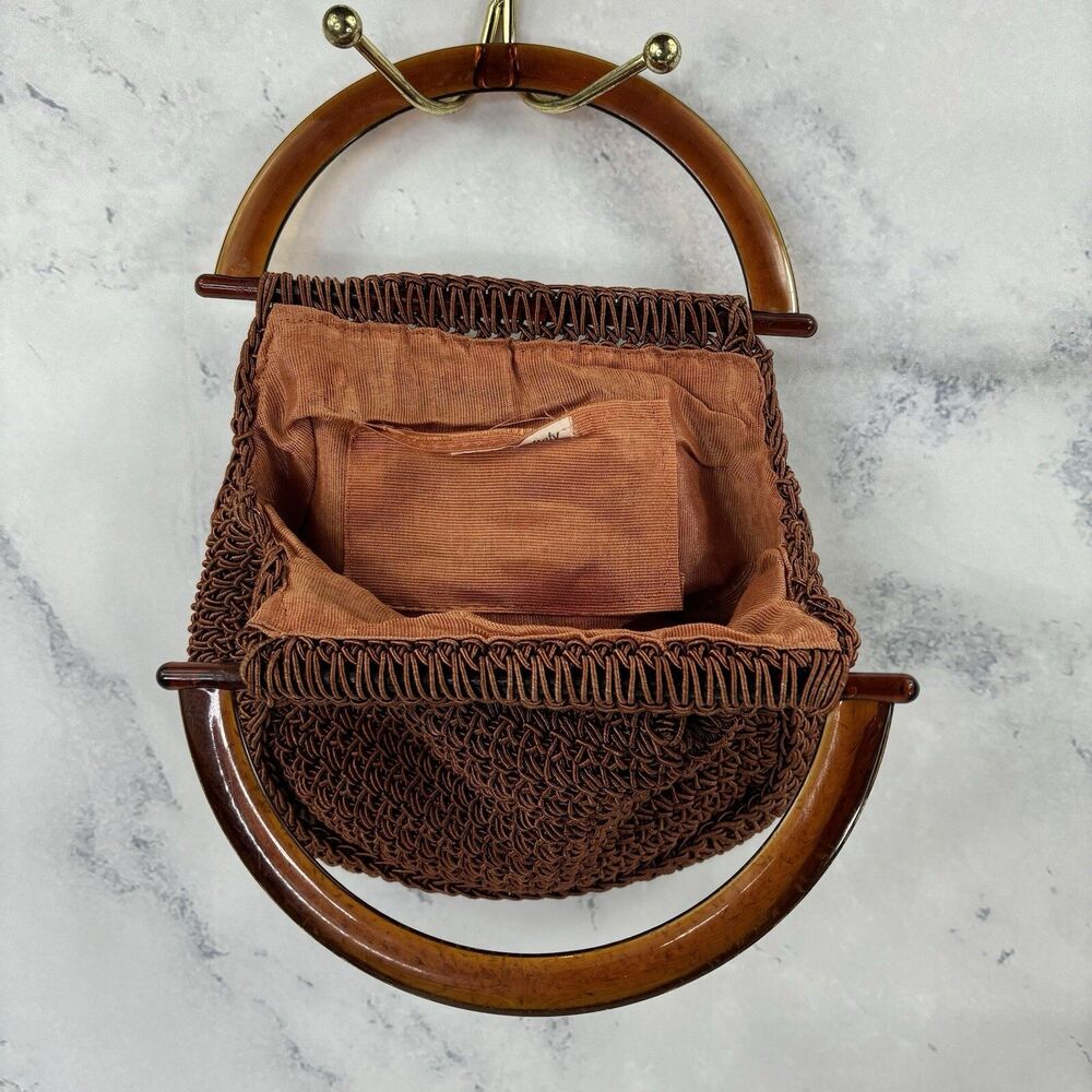 Vintage 60s Macrame Handbag Purse Lucite Handles Made In Italy Retro Hippy chic - Picture 11 of 16